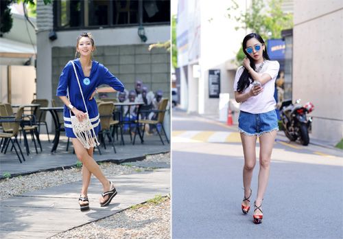 女生夏日搭配 鲜艳跳跃首尔街头